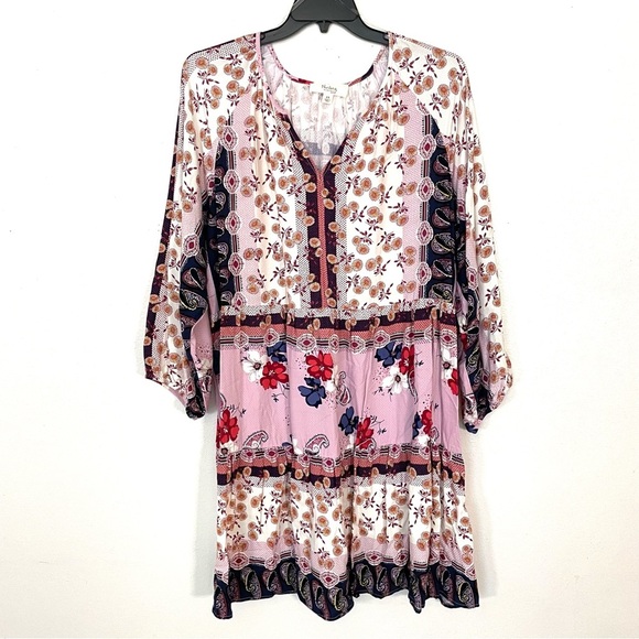 NEW Nurture Westbound Floral Dress Boho Chic Navy Pink Tiered Split Neck Size 2X - Picture 1 of 8